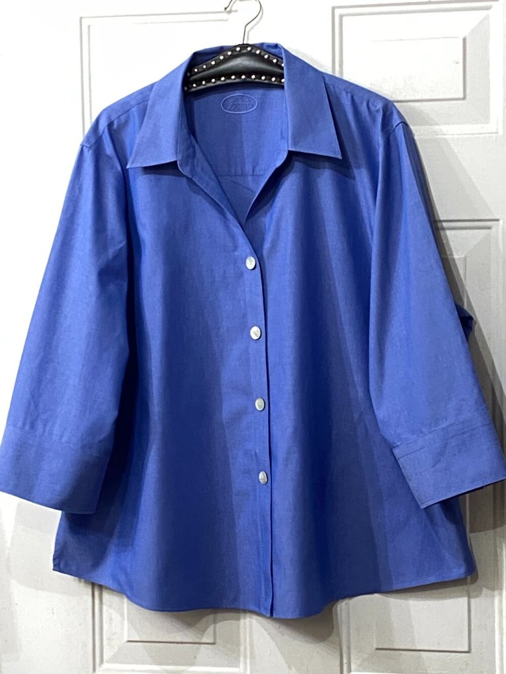 Foxcroft No-Iron Womens Blouse Button Up Shirt Sz 22W 3/4 Sleeve Blue